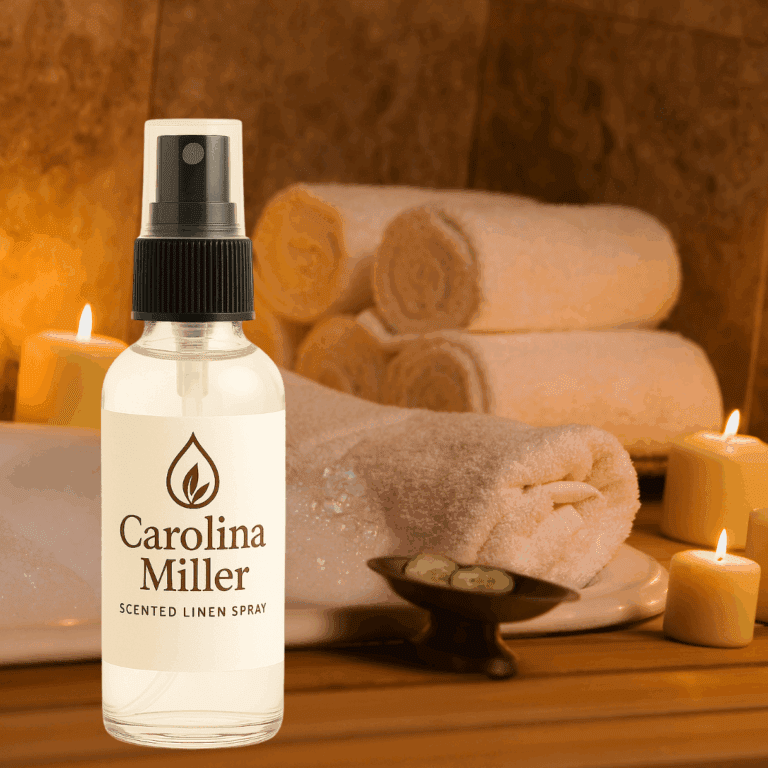 Scented Linen Spray in a teak bathtub setting